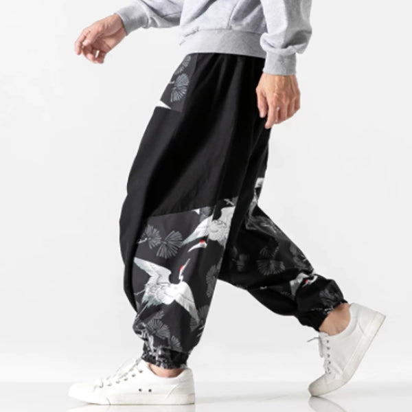 Autumn cotton trousers with crane print