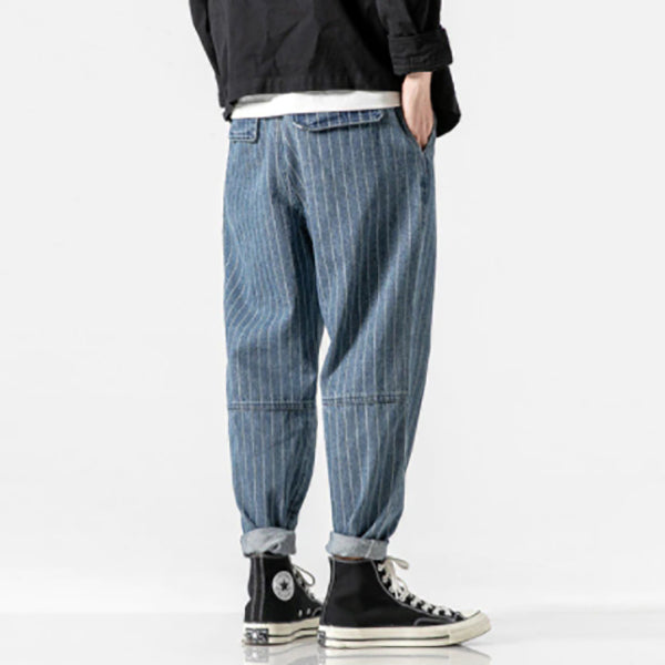 Loose denim trousers with belt and pockets