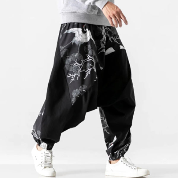 Autumn cotton trousers with crane print