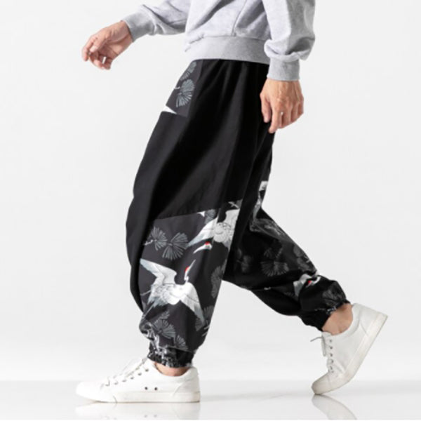 Autumn cotton trousers with crane print