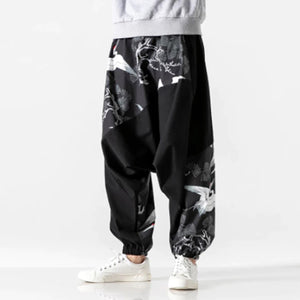 Autumn cotton trousers with crane print